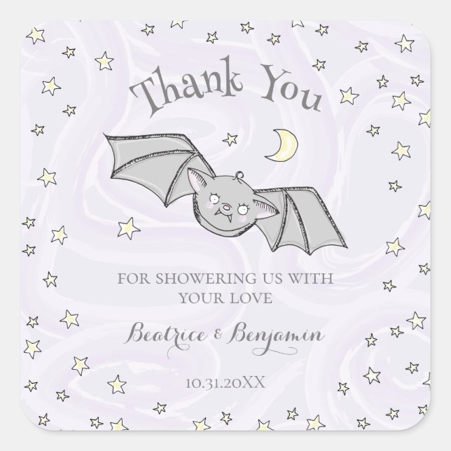 Purple Batty, Stars & Moons Spooky Cute Thank You Square Sticker (Front)