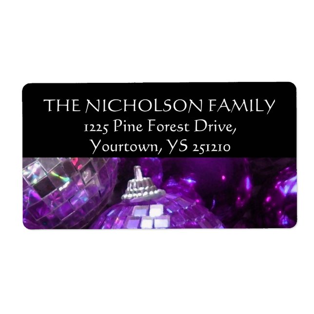 Purple Baubles address label black (Front)