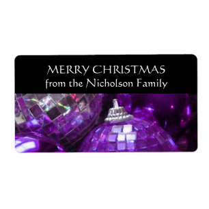 Purple Baubles 'Family name' gift tag label black