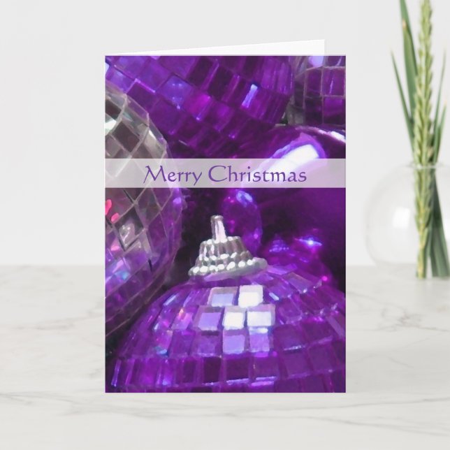 Purple Baubles 'Merry Christmas' card portrait (Front)