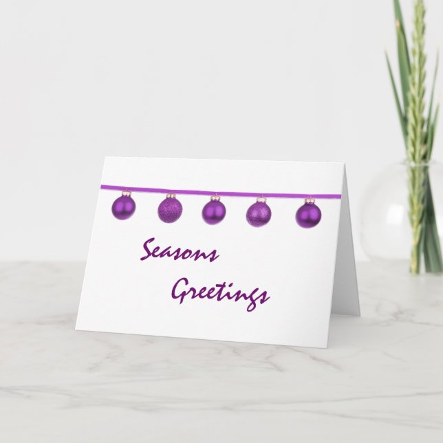 Purple Baubles on Ribbon Christmas Card (Front)