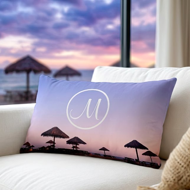 Purple beach sky sunset photo monogram script bold lumbar cushion (Creator Uploaded)