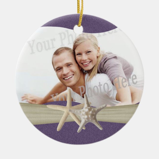 Purple Beach Starfish Photo Ceramic Ornament (Front)