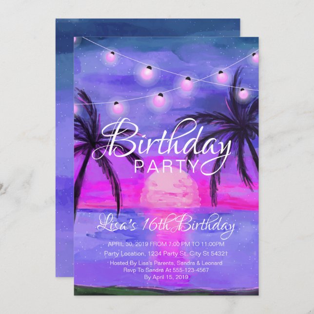 Purple Beach Sunset Birthday Invitations (Front/Back)