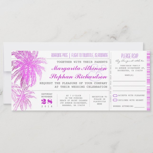purple beach wedding tickets -boarding pass invitation (Front)