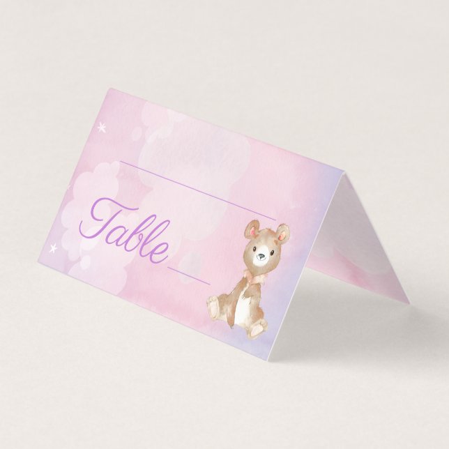 Purple Bear Girl's Baby Shower Table Number (Front)