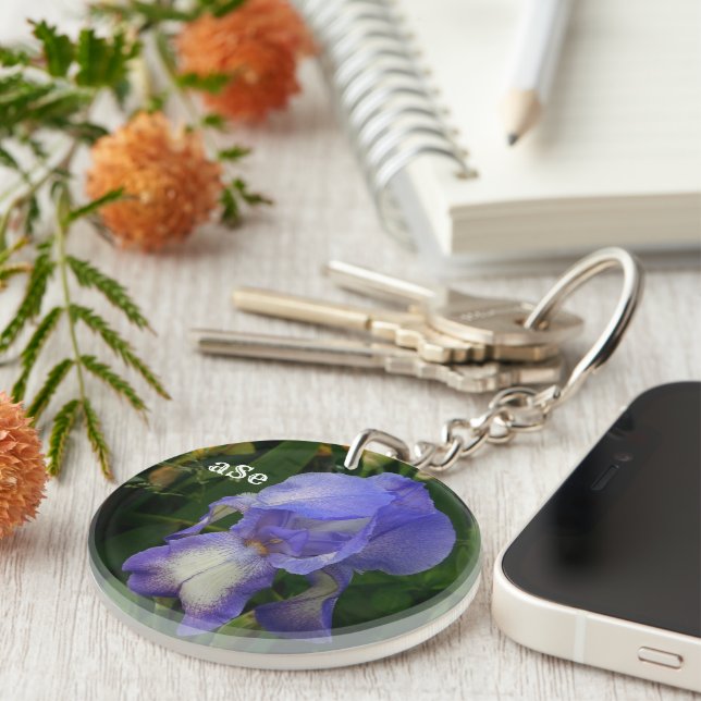 Purple Bearded Iris Floral Monogram Acrylic Keycha Key Ring (Front Right)