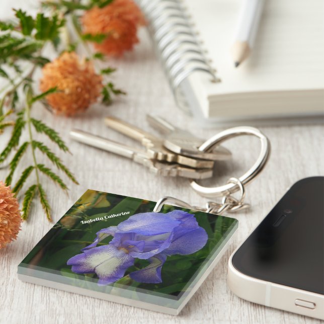 Purple Bearded Iris Photo Personalised Keychain (Front Right)