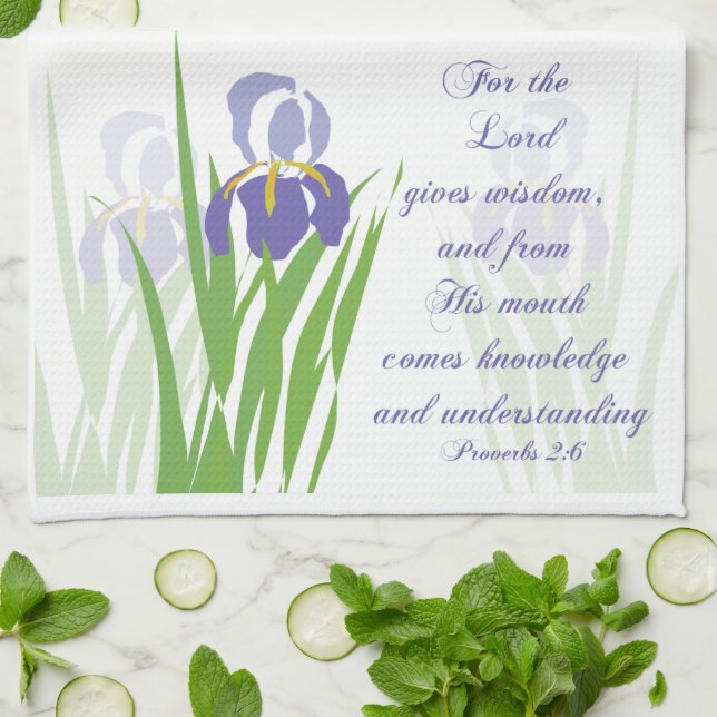 Purple Bearded Iris with Scripture verse Proverbs Tea Towel (Folded)