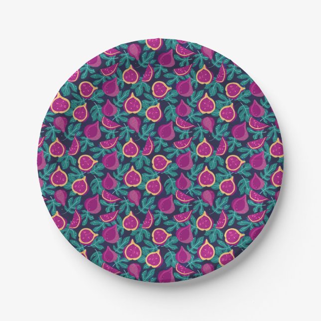 purple beautiful fig pattern blue paper plate (Front)