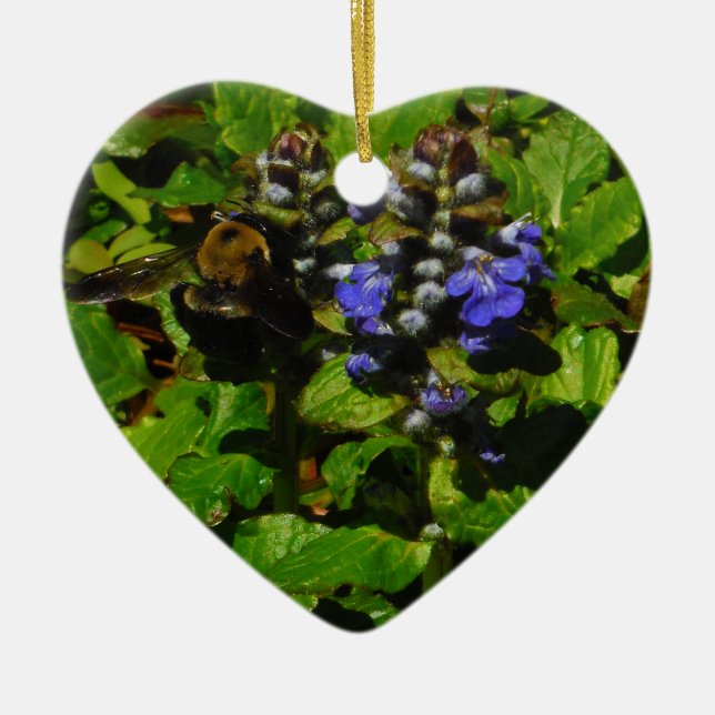 Purple Bee Balm and Bumble Bee Ceramic Ornament (Front)