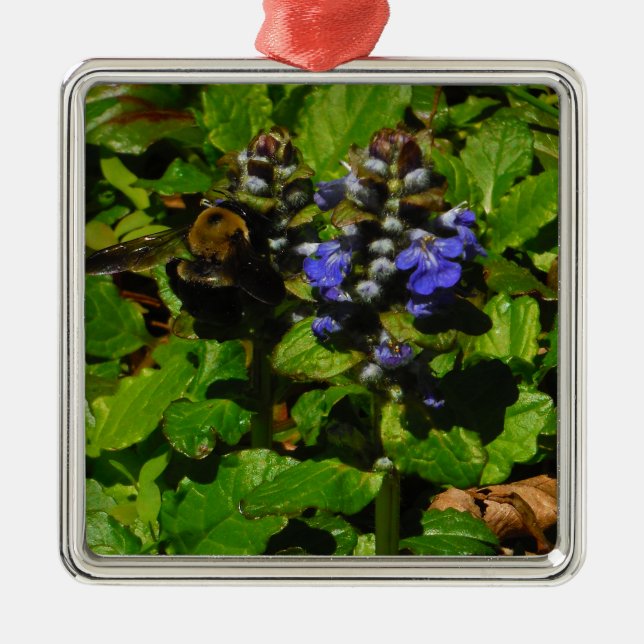 Purple Bee Balm and Bumble Bee Metal Ornament (Front)