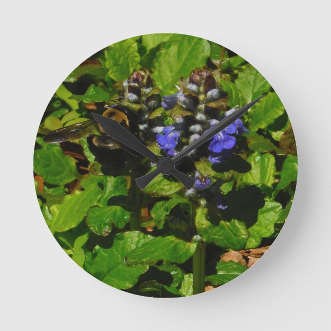 Purple Bee Balm and Bumble Bee Round Clock (Front)