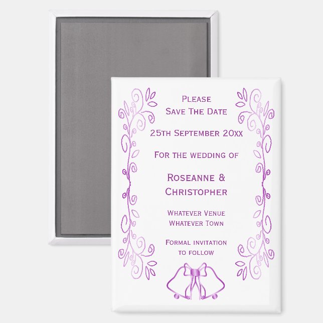 Purple Bells Scroll Design Wedding Save The Date Magnet (Front/Back)