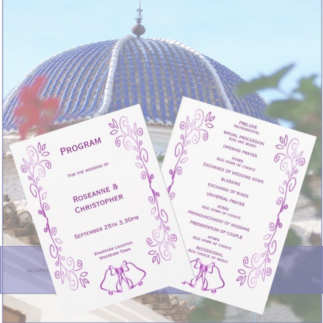Purple Bells Scrollwork Design Wedding Program (Purple wedding church program bells and scrollwork design)