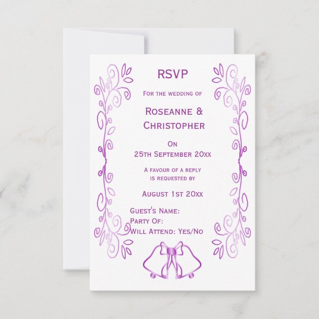 Purple Bells Scrollwork Design Wedding RSVP Card (Front)