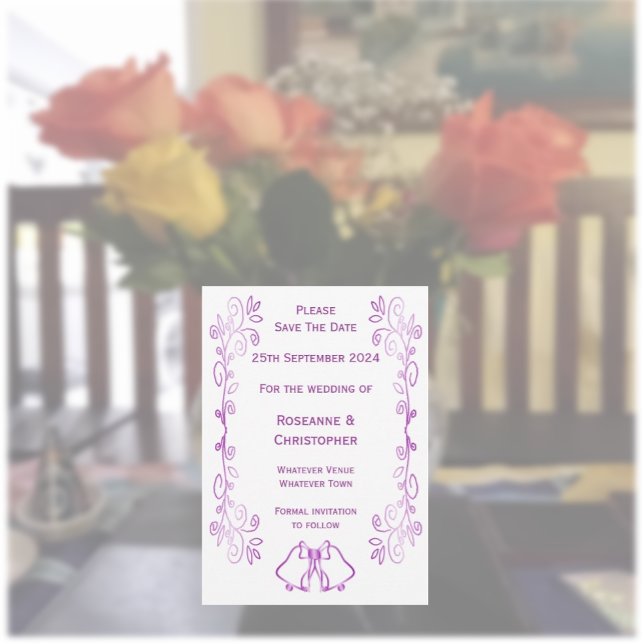 Purple Bells Scrollwork Design Wedding Save The Date (Purple wedding save the date card bells and scrollwork design)