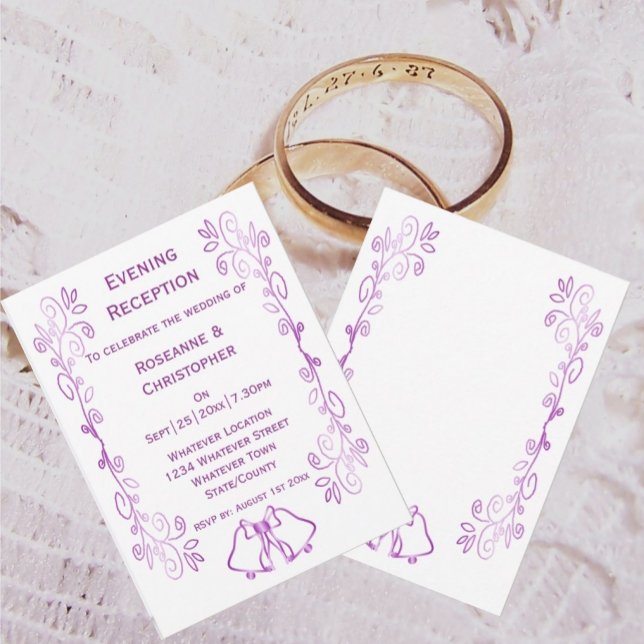 Purple Bells Scrollwork Wedding Reception Invitation (Purple wedding reception invitation bells and scrollwork design)