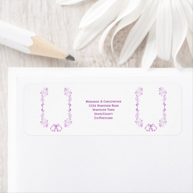 Purple Bells Scrollwork Wedding Return Address Label (Insitu)
