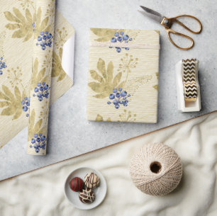 Purple Berries and Gold Leaves On Pale Yellow Wrapping Paper