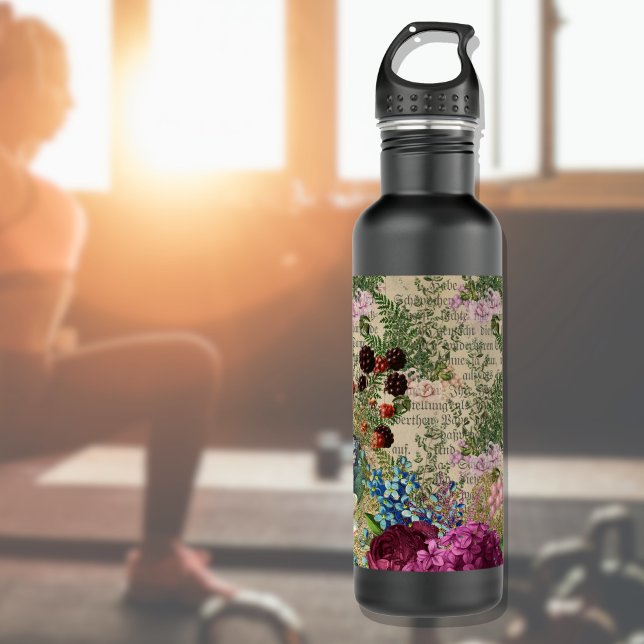Purple Berries and Roses on Newsprint Ephemera 710 Ml Water Bottle (Creator Uploaded)