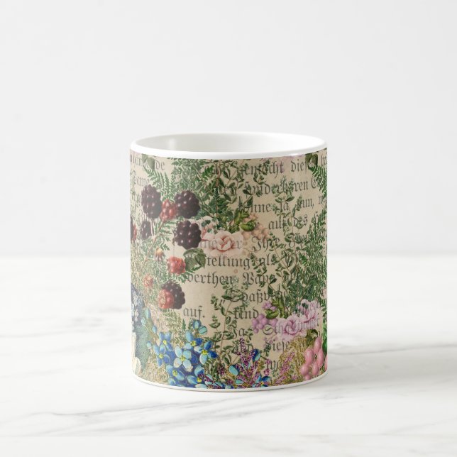 Purple Berries and Roses on Newsprint Ephemera Coffee Mug (Center)