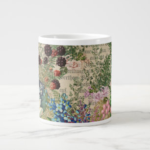 Purple Berries and Roses on Newsprint Ephemera Large Coffee Mug