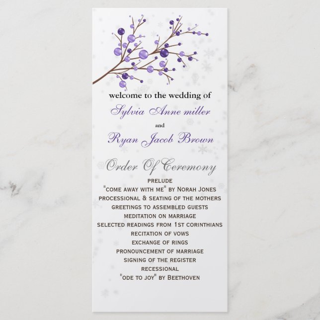 purple berries elegant winter Wedding program (Front)