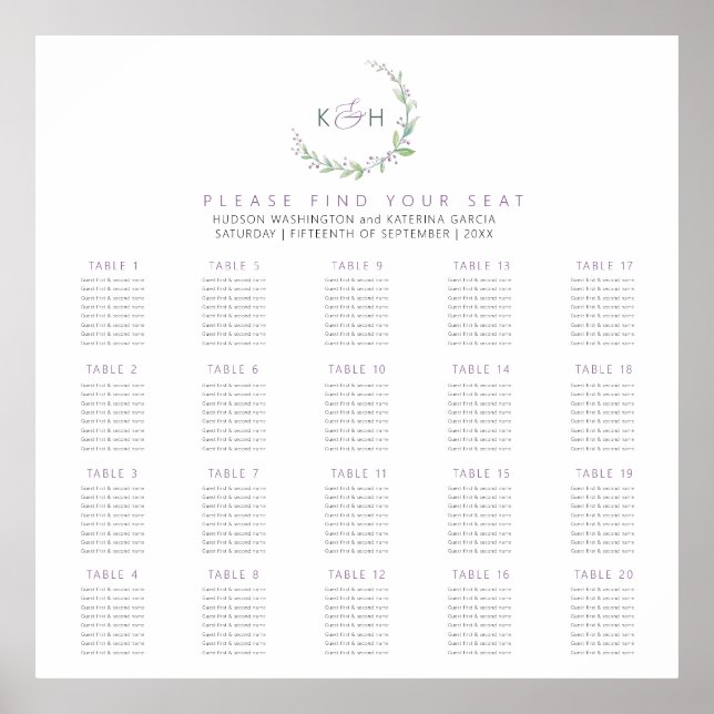 Purple berries green leaves 20 wedding tables plan poster (Front)