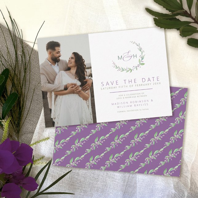 Purple berries green leaves monogram photo wedding save the date (Creator Uploaded)
