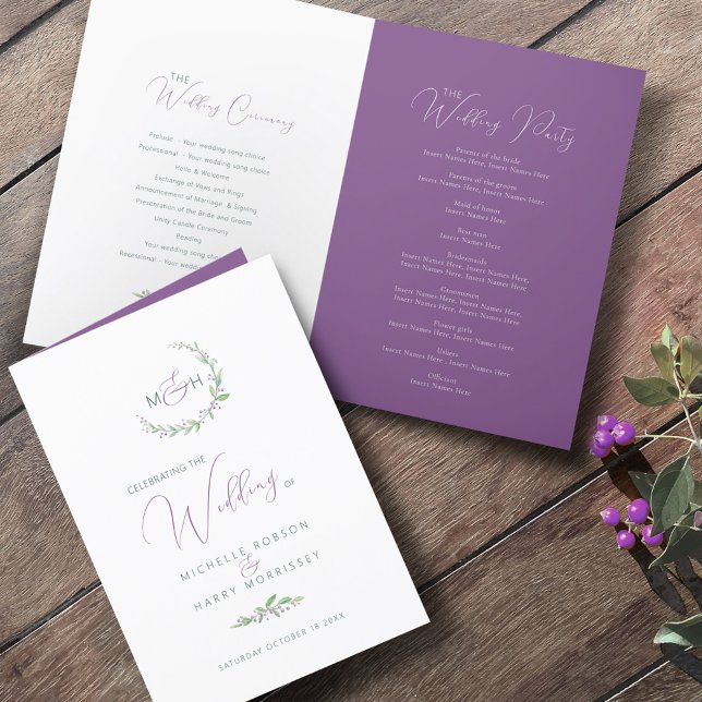 Purple berry and green leaves monogram art wedding program (Creator Uploaded)