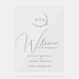 Purple berry green foliage monogram wedding  acrylic sign