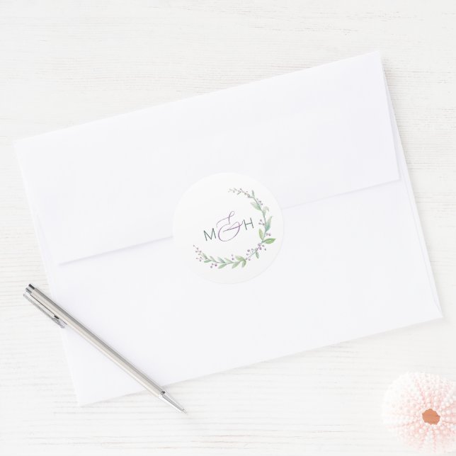Purple berry green foliage monogram wedding classic round sticker (Envelope)
