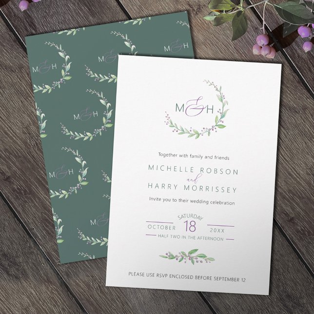 Purple berry green foliage monogram wedding invitation (Creator Uploaded)