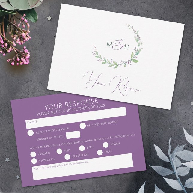 Purple berry green wedding watercolor RSVP card (Creator Uploaded)