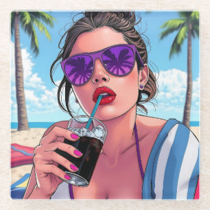 Purple Bikini, Sunglasses and Bandanna Woman  Glass Coaster