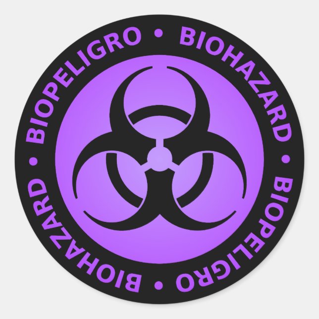 Purple Bilingual Biohazard Warning Classic Round Sticker (Front)