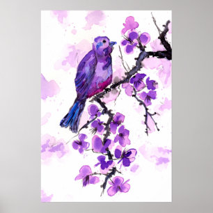Purple Bird and Blossoms Poster