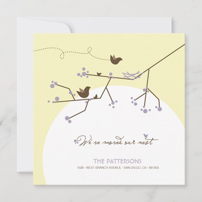 Purple Bird Family's New Nest On Tree Home Moving Announcement (Front)