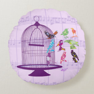 Purple Birdcage & Birds Sheet Music Round Pillow