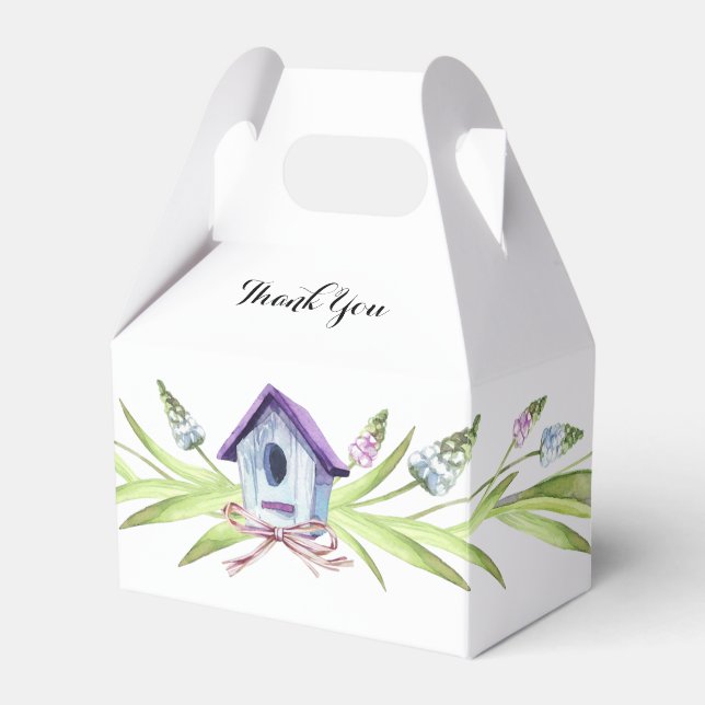 Purple Birdhouse Lavender Stems Baby Shower Favour Box (Front Side)