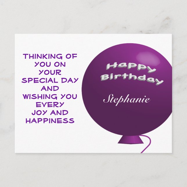 Purple Birthday Balloon Postcard (Front)