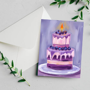 Purple Birthday Cake Watercolor Birthday Card