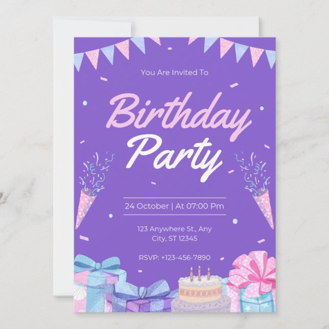Purple birthday party invitations. invitation (Front)