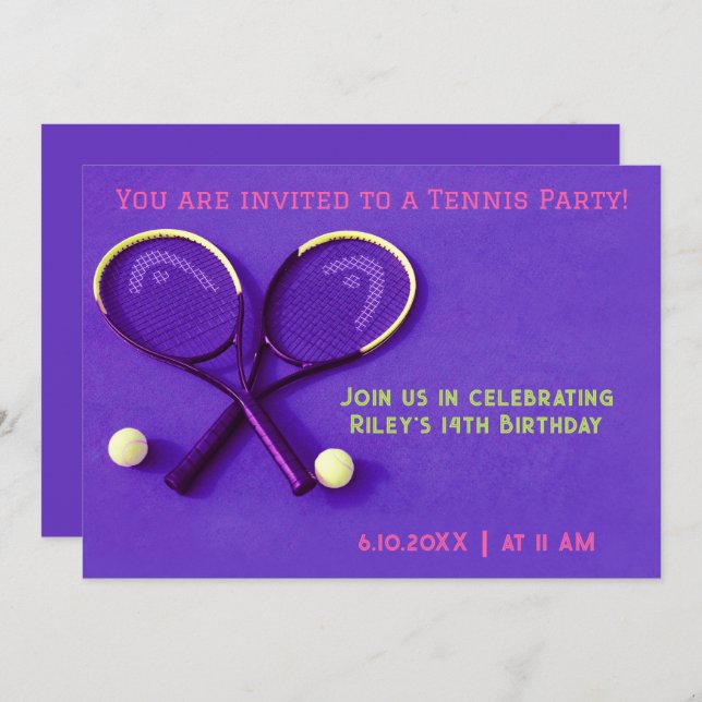 Purple Birthday Party  Rackets and Balls Tennis  Invitation (Front/Back)