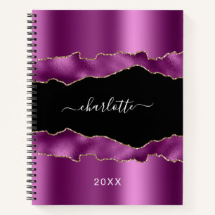 Purple black agate marble name script notebook