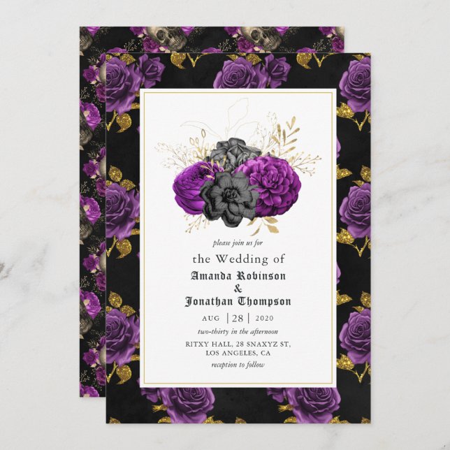 Purple, Black and Gold Floral Gothic Wedding Invitation (Front/Back)