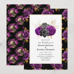 Purple, Black and Gold Floral Gothic Wedding Invitation