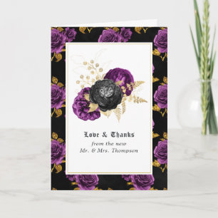 Purple, Black and Gold Floral Gothic Wedding Photo Thank You Card