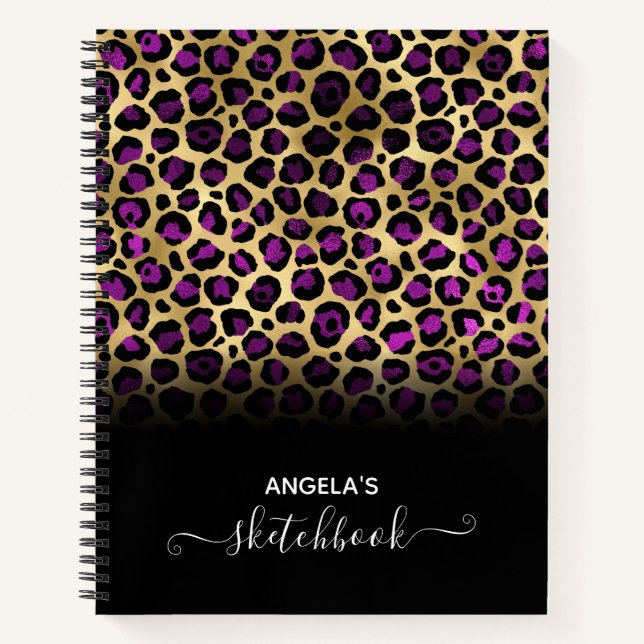 Purple Black and Gold Glam Leopard Ombre Sketch Notebook (Front)